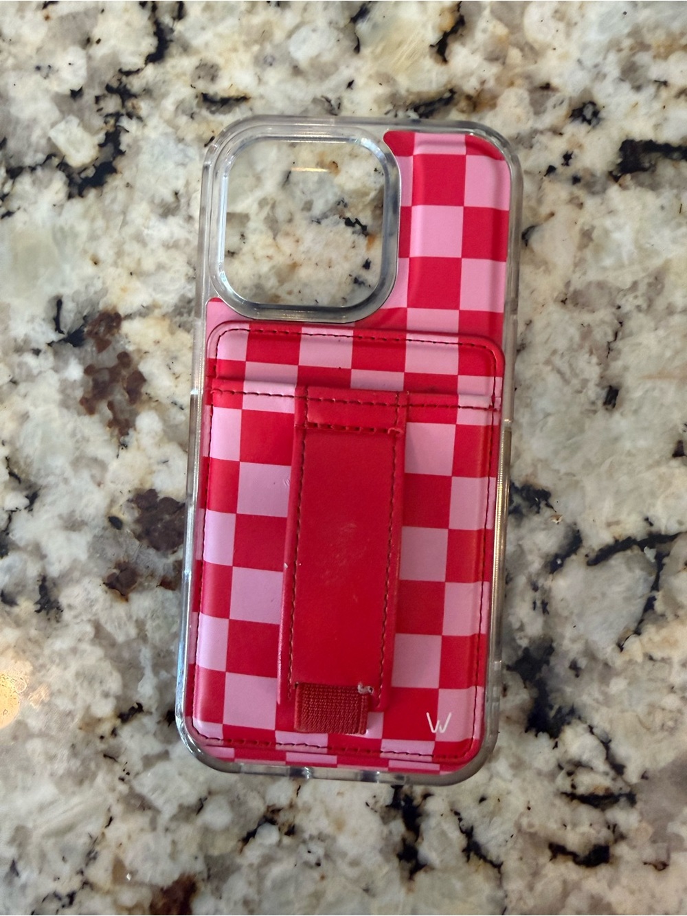 Checkered Pink & Red Phone Case with Card Strap